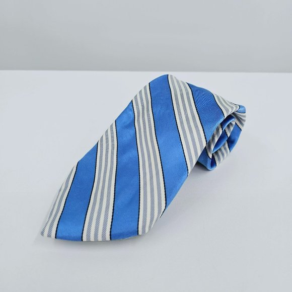 Tommy Hilfiger Tie Blue White Stripe 100% Silk USA Made Classic Work Gift Preppy - Picture 1 of 11
